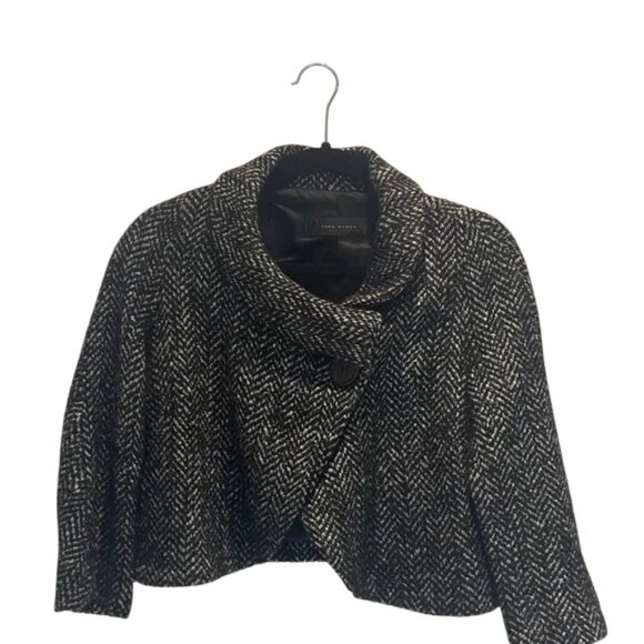 Zara black cropped wool blend herringbone print jacket size M - Picture 2 of 5
